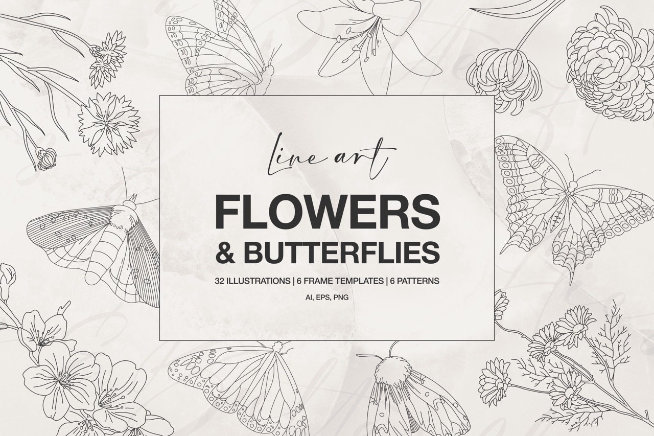 Flowers & Butterflies Line Art